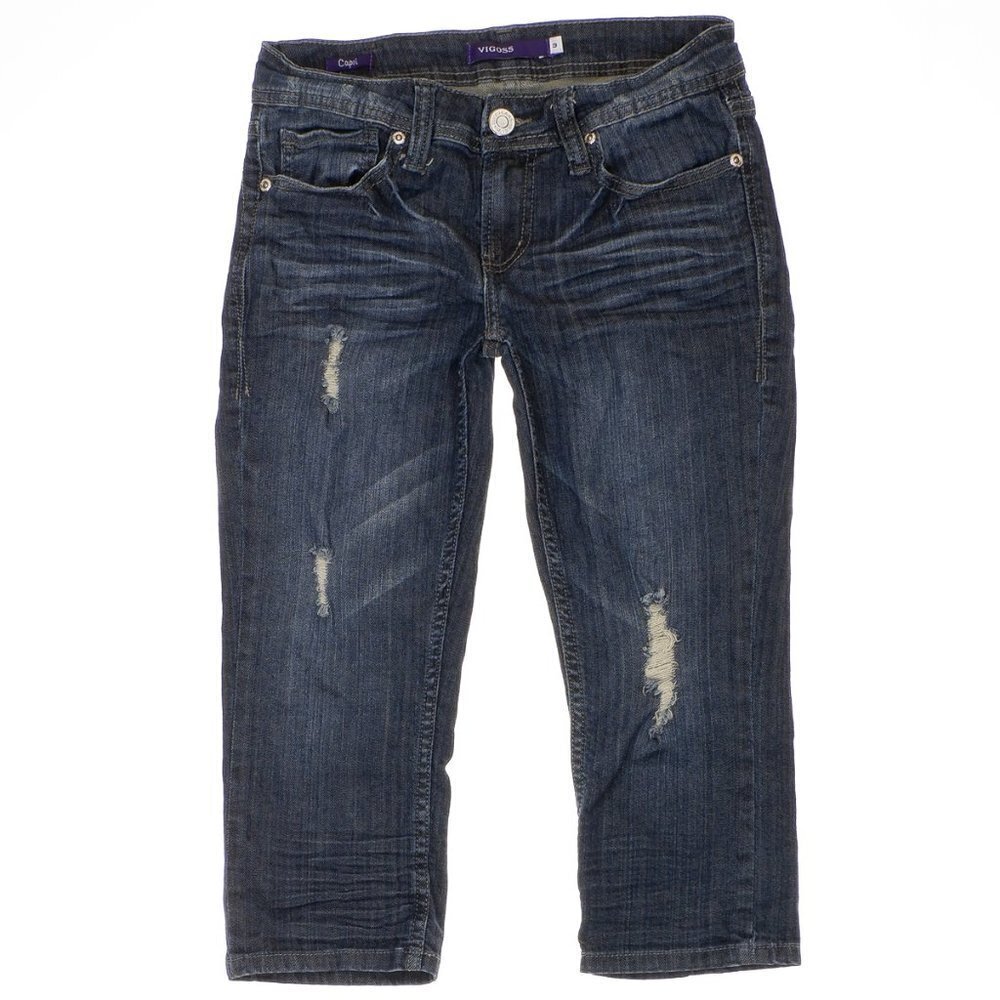 Vigoss Capri Jeans Size 3 Juniors Distressed Dark Blue Stretch Measures 27x18.5